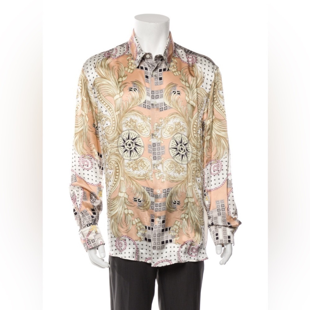 VERSACE 100% Silk Nautical Long Sleeve Button Down Shirt EUC